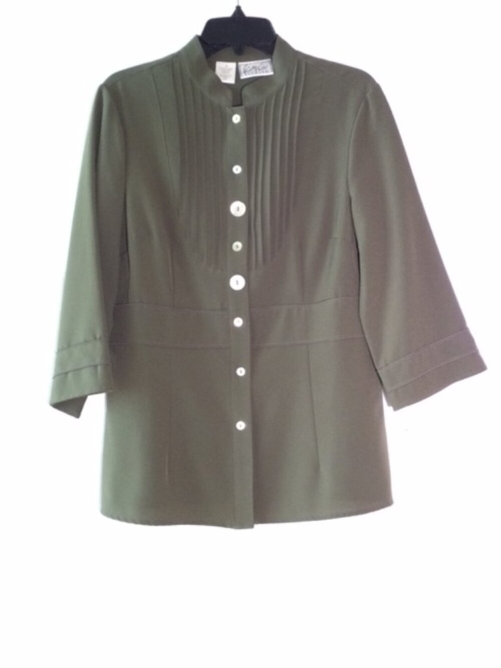Cathy Che Olive Pintuck Button Front Blouse Women's Stretch Tunic Top